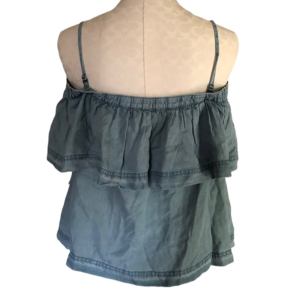 Free People | Chambray Off Shoulder Top Blue Layered Cropped Size M - Picture 5 of 7